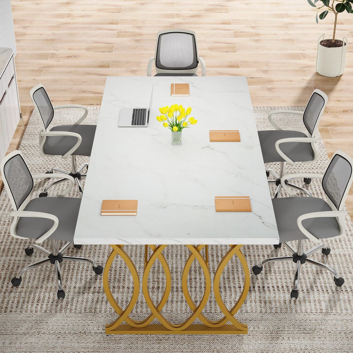 DELUXE - Escritorio Blanco Estilo Marmol 160cm Dorado