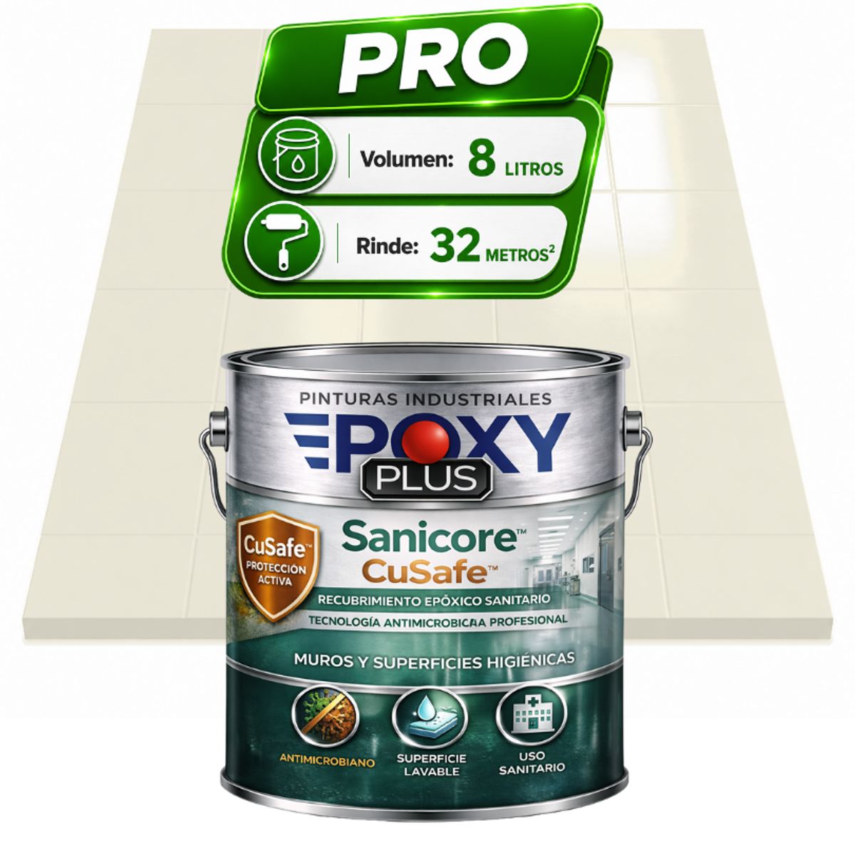 EPOXY - Pintura Epóxica Hospitalaria Sanicore CuSafe - MUROS Y PISOS - SIN OLOR - PRO 8L -  BLANCO CREMA