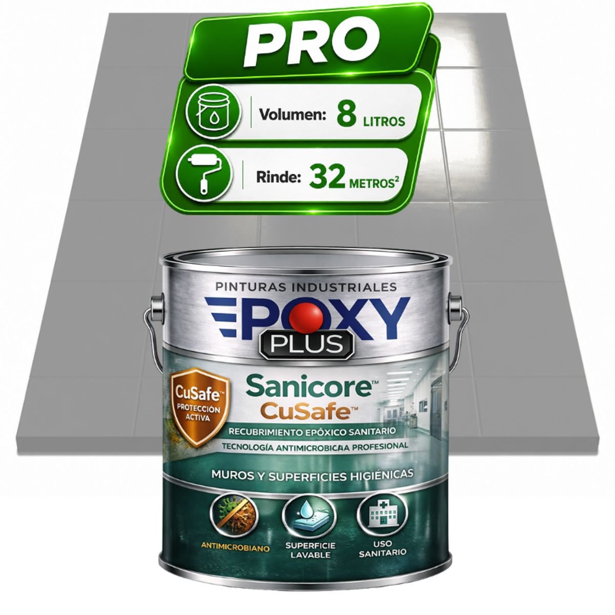 EPOXY - Pintura Epóxica Hospitalaria Sanicore CuSafe - MUROS Y PISOS - SIN OLOR - PRO 8L -  BLANCO ALUMINIO
