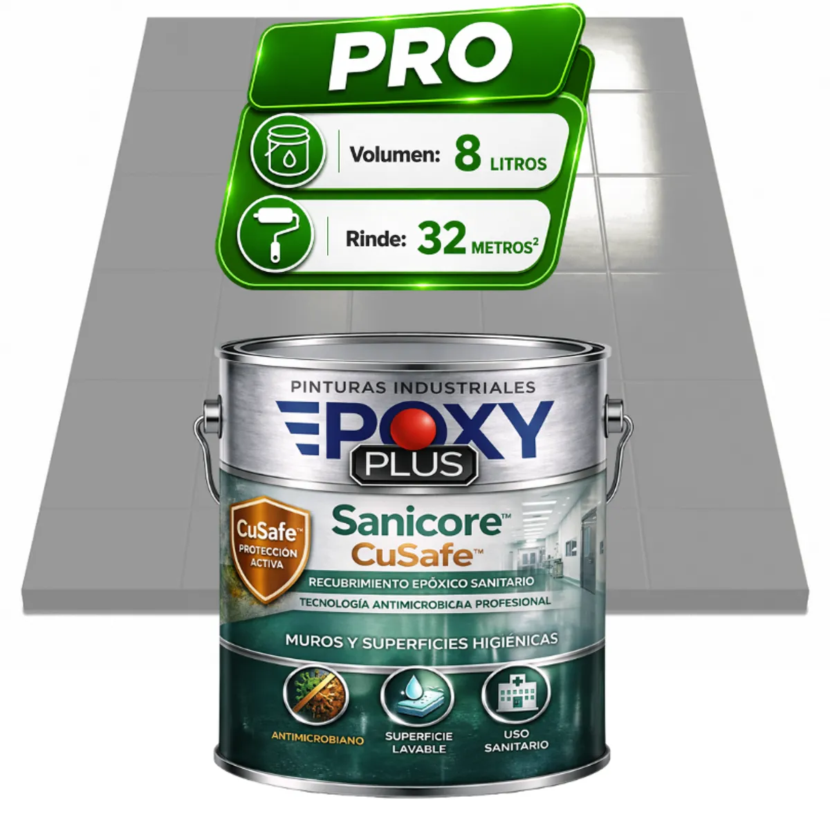 EPOXY - Pintura Epóxica Hospitalaria Sanicore CuSafe - MUROS Y PISOS - SIN OLOR - PRO 8L -  BLANCO ALUMINIO