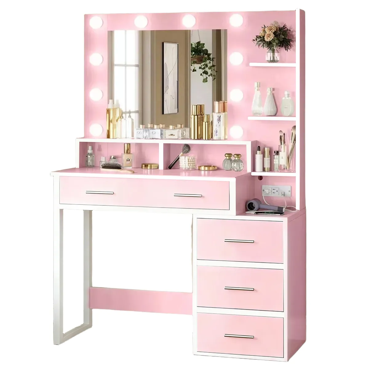 UENMI - Tocador Con Espejo E Iluminación Rosa Con 4 Cajones Moderno