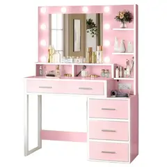 UENMI - Tocador Con Espejo E Iluminación Rosa Con 4 Cajones Moderno