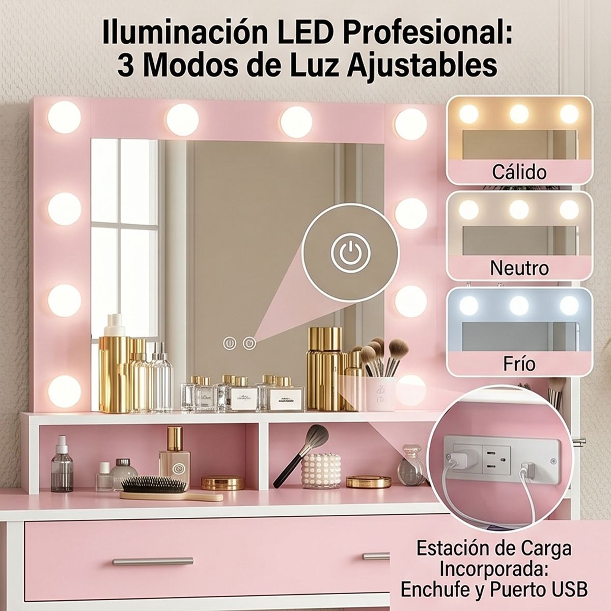 UENMI - Tocador Con Espejo E Iluminación Rosa Con 4 Cajones Moderno