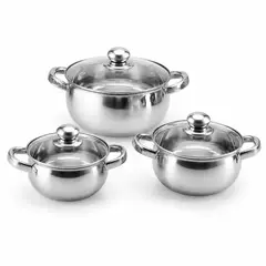 GENERICO - Set 3 ollas acero inoxidable pulido con tapa cristal, medidas 16/18/20cm para gas e inducción