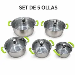 GENERICO - Set de 5 ollas acero inoxidable asas verdes tapa cristal para inducción y gas