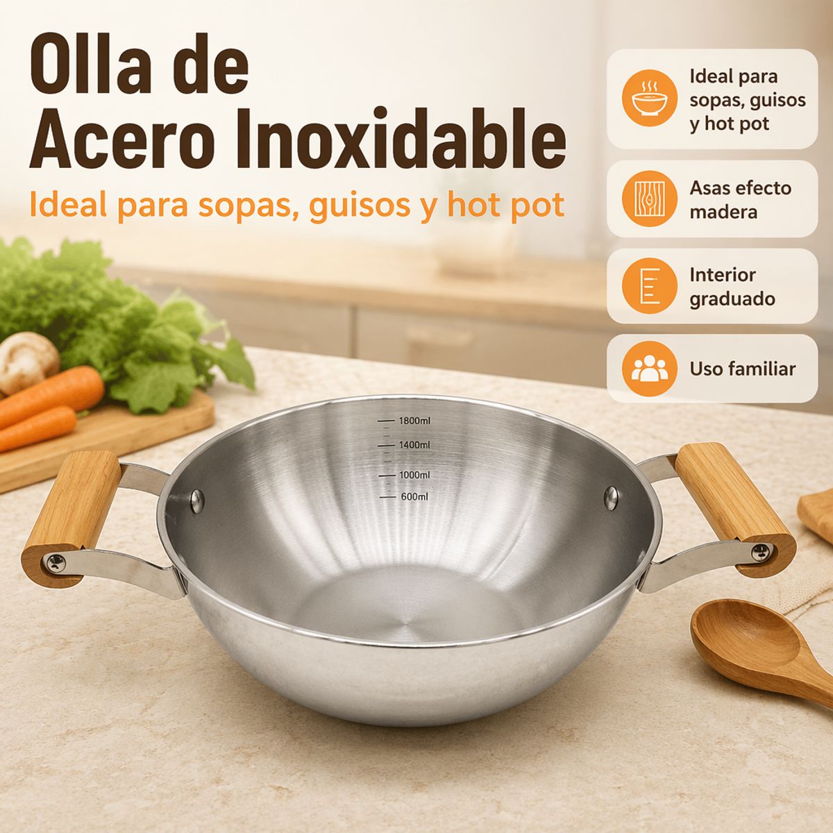 GENERICO - Olla de acero inoxidable 22cm con asas anti calor de madera para cocina diaria