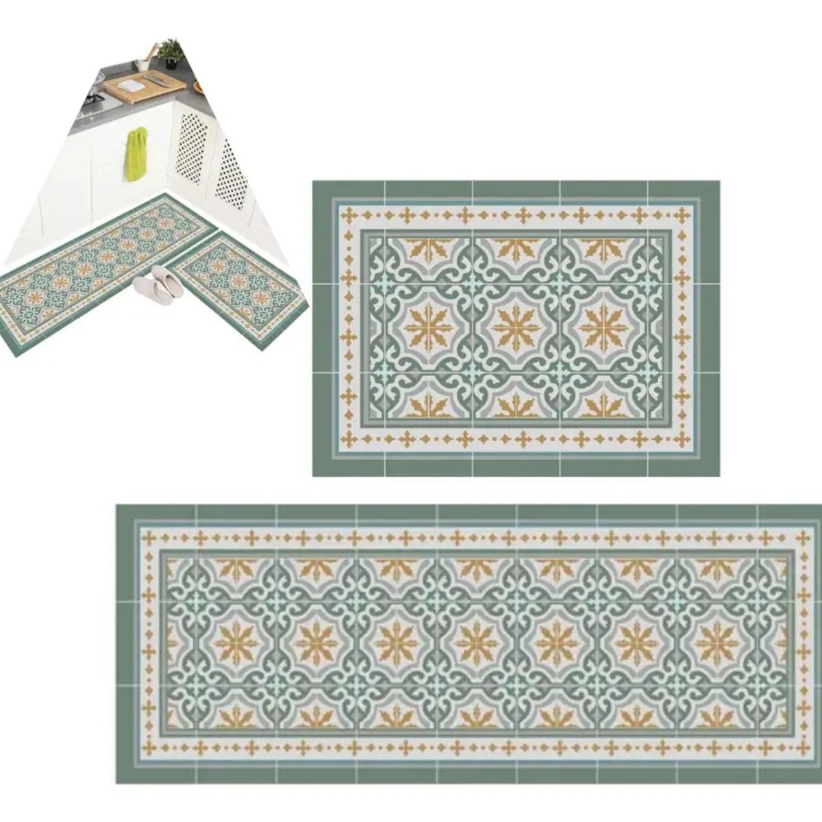 KUANGYE - Set 2 Alfombras De Cocina Antideslizante - Córdova Green