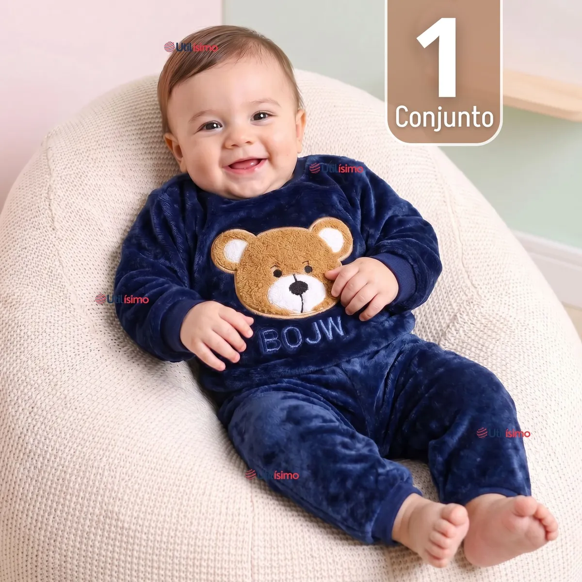 JUMP KIDS - Conjunto Buzo Polerón Frizado 2 Piezas Niño Bebe Corderito Liso Azul