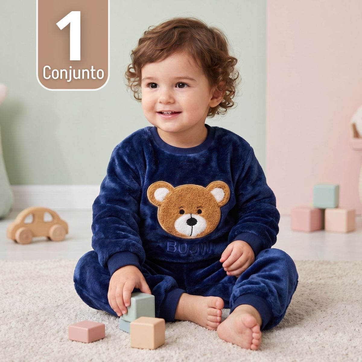 JUMP KIDS - Conjunto Buzo Polerón Frizado 2 Piezas Niño Bebe Corderito Liso Azul