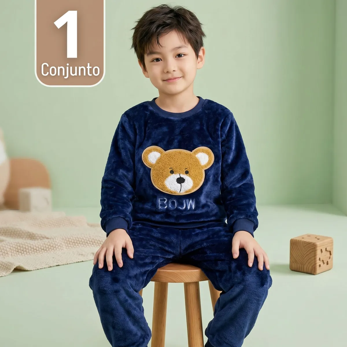 JUMP KIDS - Conjunto Buzo Polerón Frizado 2 Piezas Niño Bebe Corderito Liso Azul