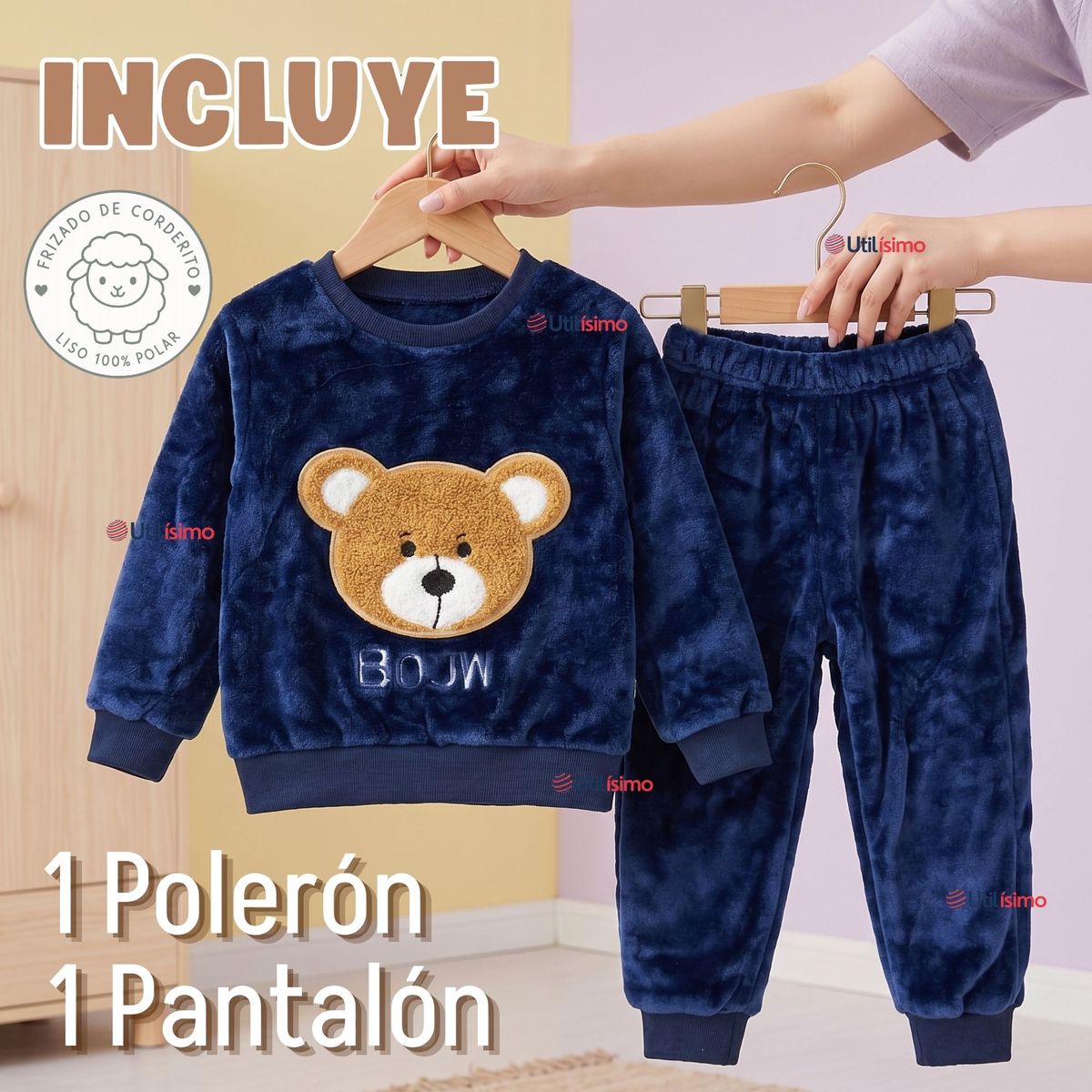 JUMP KIDS - Conjunto Buzo Polerón Frizado 2 Piezas Niño Bebe Corderito Liso Azul