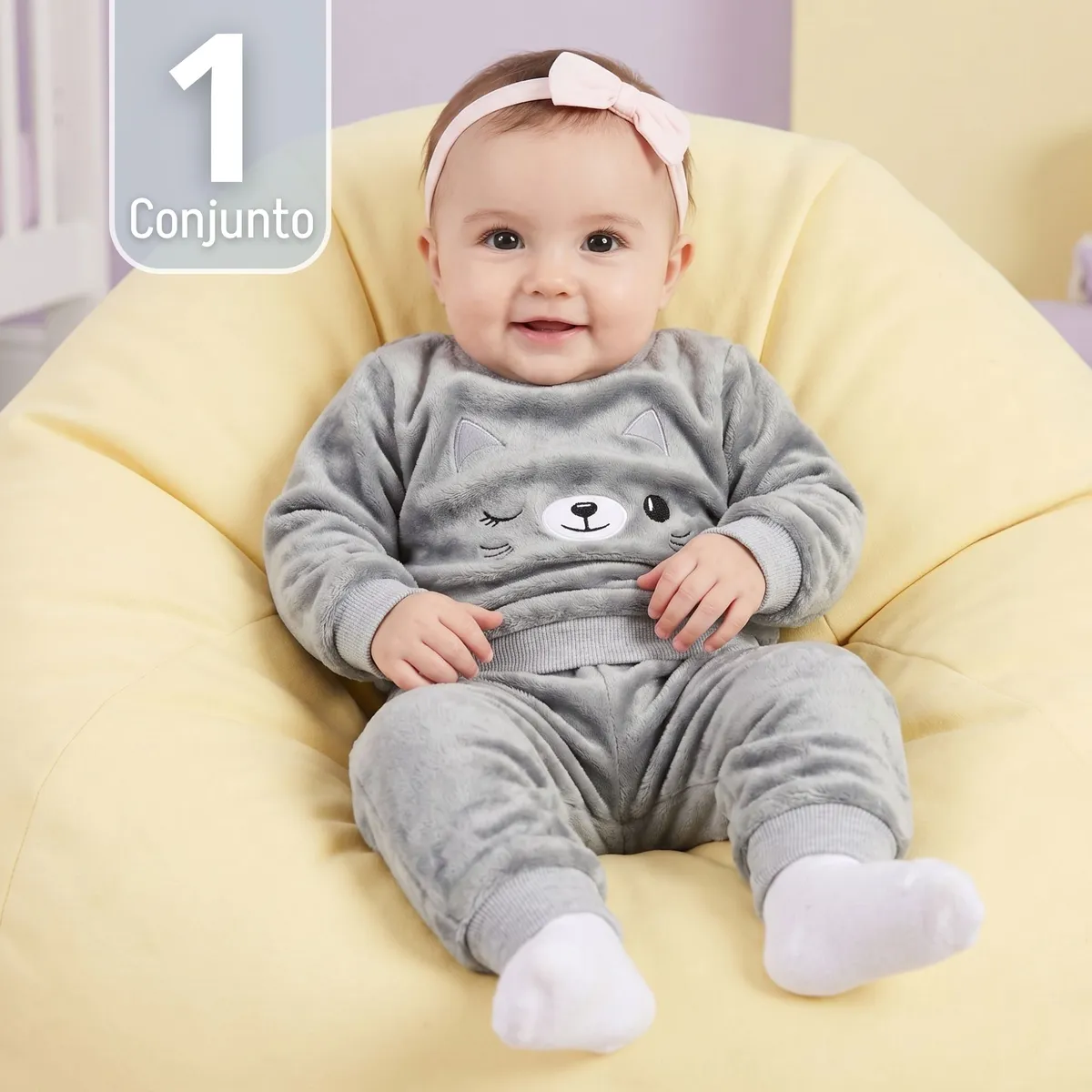 JUMP KIDS - Conjunto Buzo Polerón Frizado 2 Piezas Niña Bebe Corderito Liso Gris