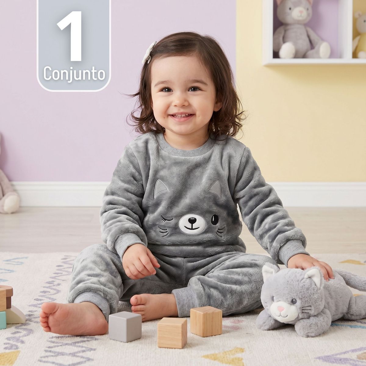 JUMP KIDS - Conjunto Buzo Polerón Frizado 2 Piezas Niña Bebe Corderito Liso Gris