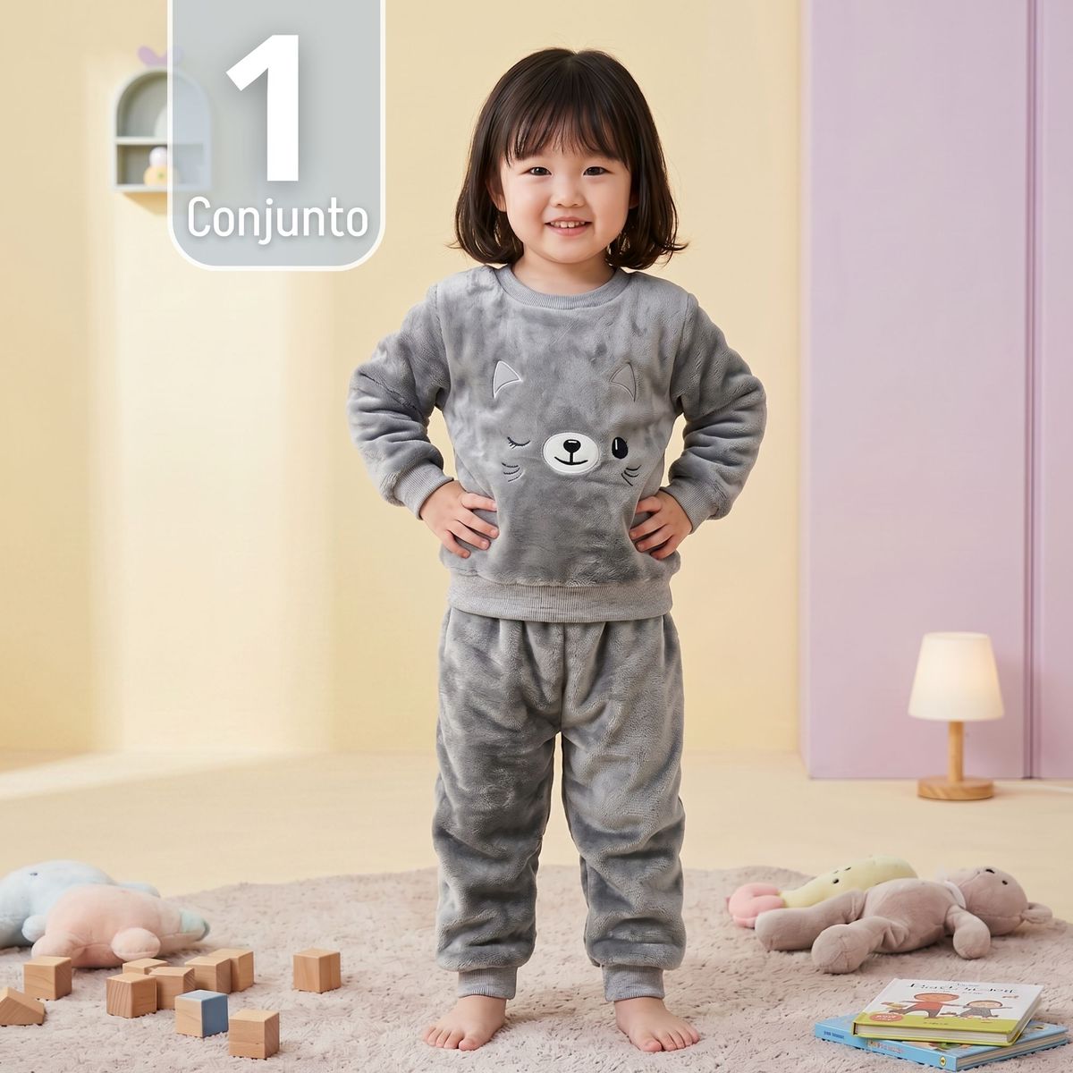 JUMP KIDS - Conjunto Buzo Polerón Frizado 2 Piezas Niña Bebe Corderito Liso Gris