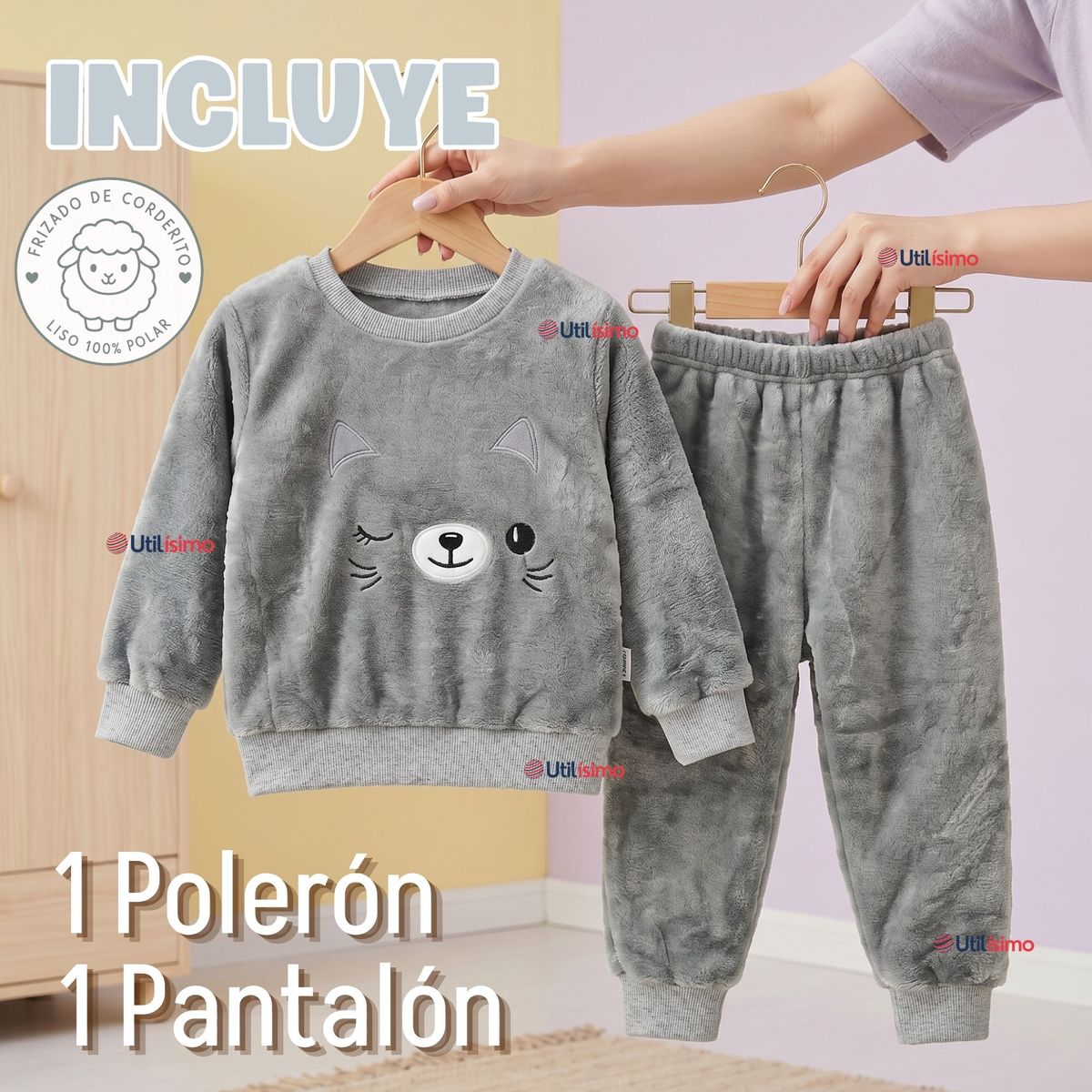 JUMP KIDS - Conjunto Buzo Polerón Frizado 2 Piezas Niña Bebe Corderito Liso Gris