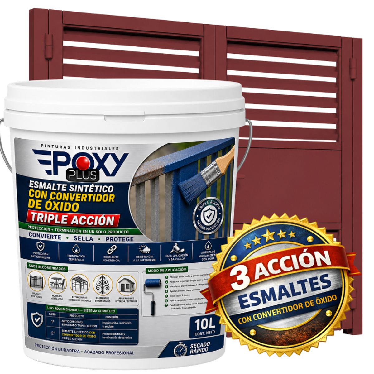 EPOXY - ESMALTE SINTETICO - CONVERTIDOR OXIDO -  TINETA 10 LITROS - ROJO ÓXIDO