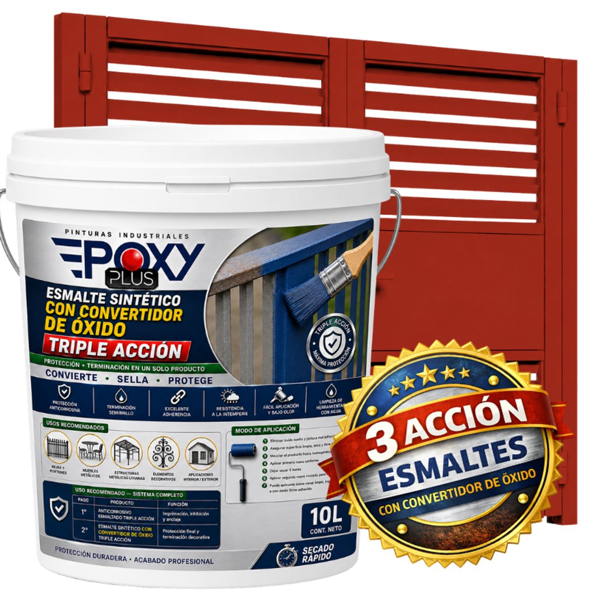 EPOXY - ESMALTE SINTETICO - CONVERTIDOR OXIDO -  TINETA 10 LITROS -  ROJO TOMATE