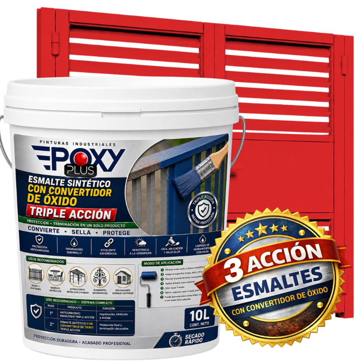 EPOXY - ESMALTE SINTETICO - CONVERTIDOR OXIDO -  TINETA 10 LITROS -  ROJO TRÁFICO