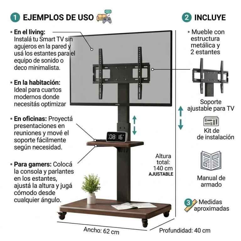 GENERICO Soporte Tv Rack Movil Con Ruedas 32 A 70 Base Pedestal Negro