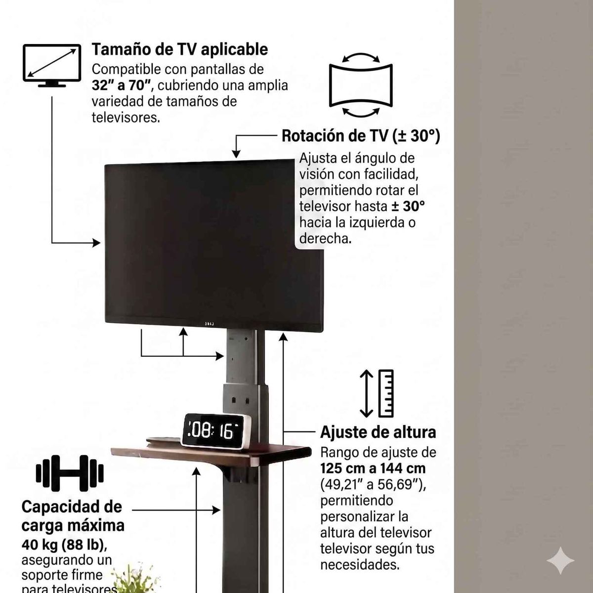 GENERICO - Soporte Tv Rack Movil Con Ruedas 32 A 70 Base Pedestal Negro