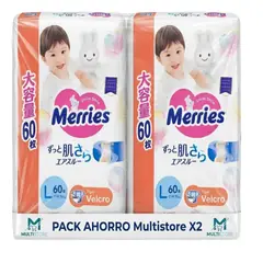 MERRIES - Pack 2 Pañales Talla L 120 Unidades Premium Japonés
