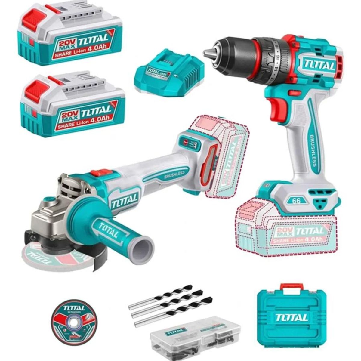 TOTAL TOOLS - Combo TOTAL 20V TCKLI20256 Taladro Percutor + Esmeril 4 12 + 2 Baterías + Maleta