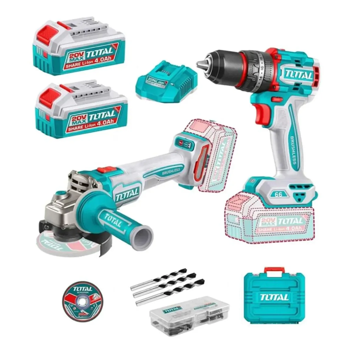 TOTAL TOOLS - Combo TOTAL 20V TCKLI20256 Taladro Percutor + Esmeril 4 12 + 2 Baterías + Maleta