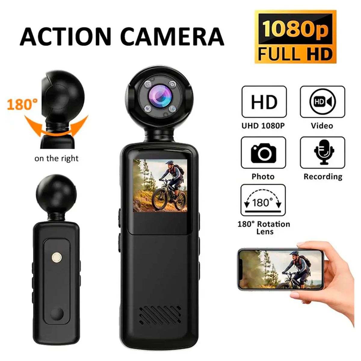 GENERICO - Mini Cámara Deportiva Accion Hd Portatil Pantalla Lcd 180°
