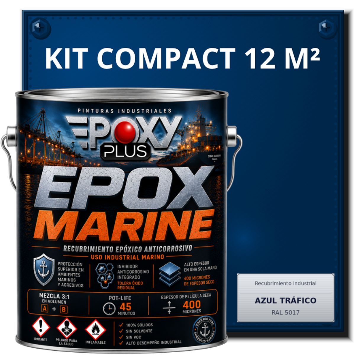 EPOXY - PINTURA EPÓXICA CONVERTIDOR ÓXIDO - GRADO MARINO EPOX MARINE - KIT COMPACT 12 M² - AZUL TRÁFICO