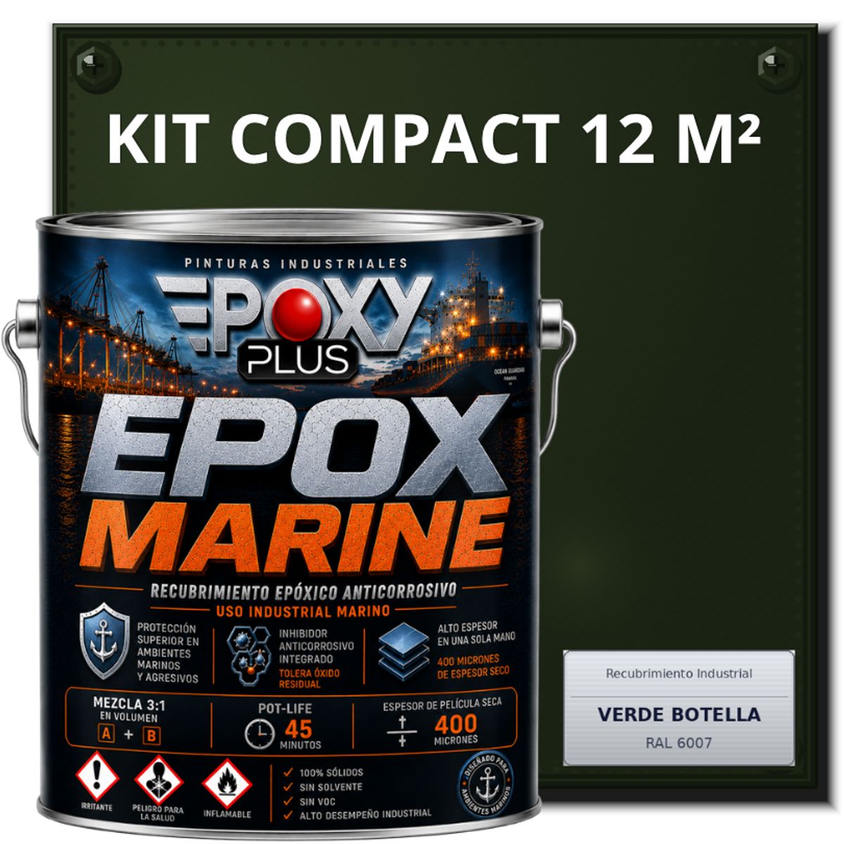 EPOXY - PINTURA EPÓXICA CONVERTIDOR ÓXIDO - GRADO MARINO EPOX MARINE - KIT COMPACT 12 M² - VERDE BOTELLA