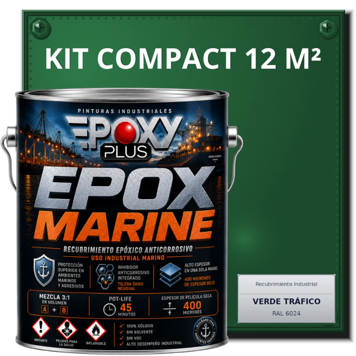 EPOXY - PINTURA EPÓXICA CONVERTIDOR ÓXIDO - GRADO MARINO EPOX MARINE - KIT COMPACT 12 M² - VERDE TRÁFICO
