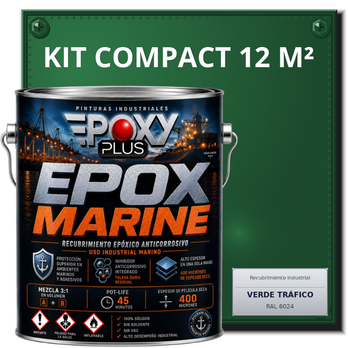 EPOXY - PINTURA EPÓXICA CONVERTIDOR ÓXIDO - GRADO MARINO EPOX MARINE - KIT COMPACT 12 M² - VERDE TRÁFICO