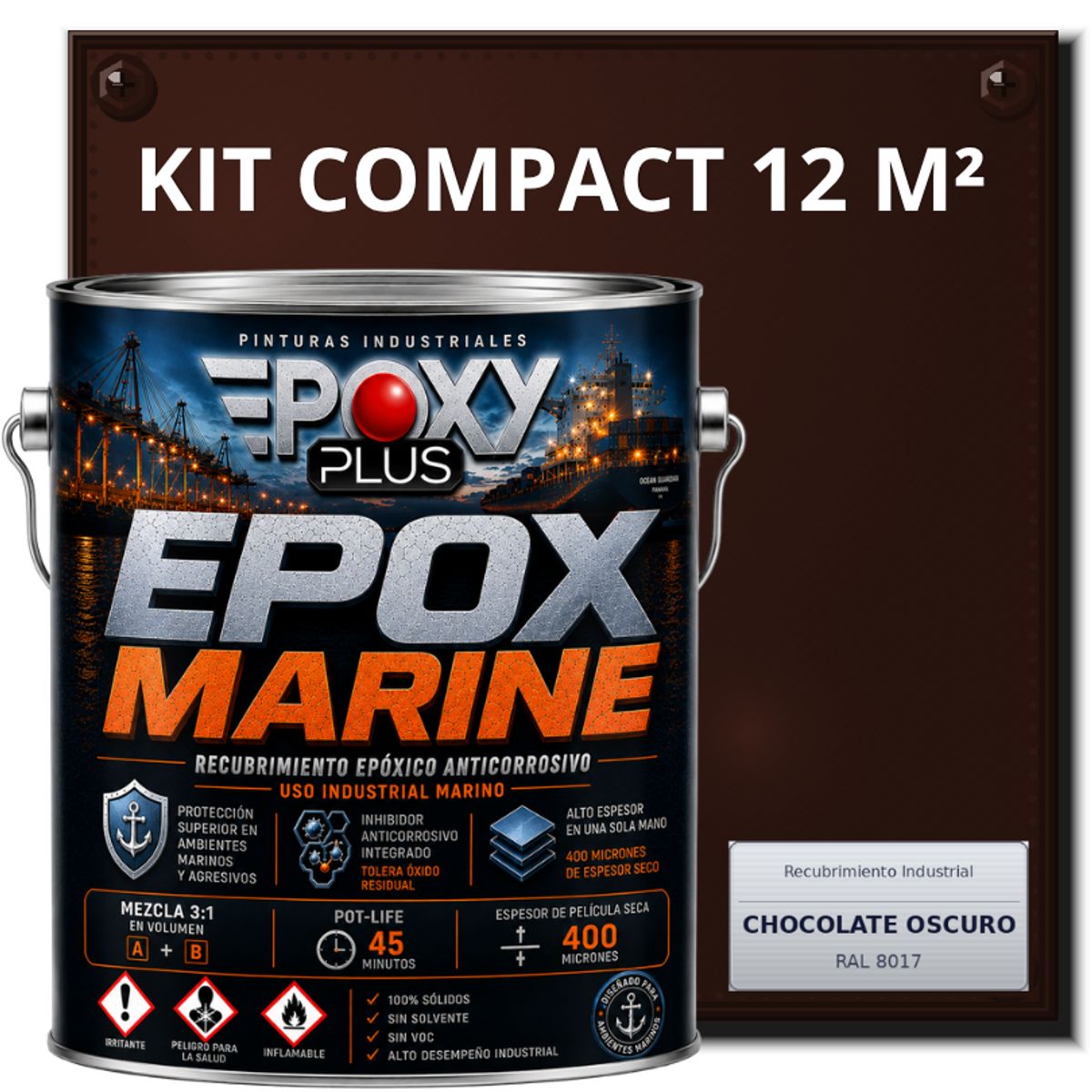 EPOXY - PINTURA EPÓXICA CONVERTIDOR ÓXIDO - GRADO MARINO EPOX MARINE - KIT COMPACT 12 M² - CHOCOLATE OSCURO