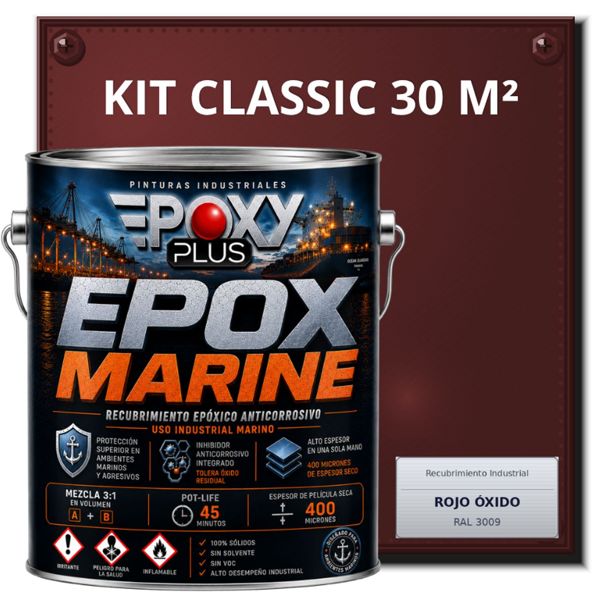EPOXY - PINTURA EPÓXICA CONVERTIDOR ÓXIDO - GRADO MARINO EPOX MARINE - KIT CLASSIC 30 M² - ROJO ÓXIDO
