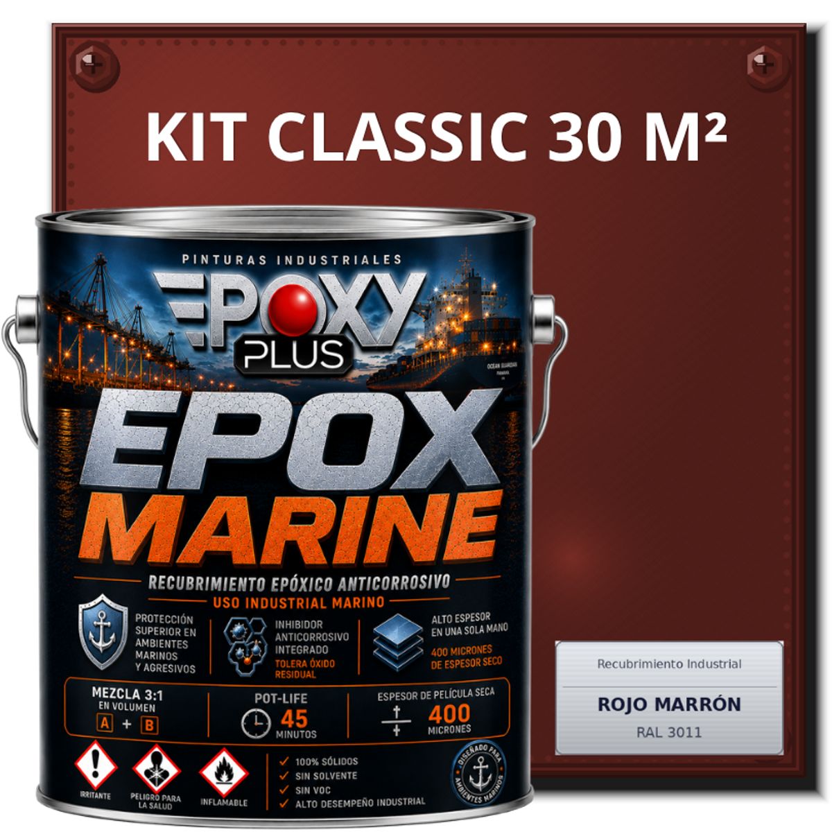 EPOXY - PINTURA EPÓXICA CONVERTIDOR ÓXIDO - GRADO MARINO EPOX MARINE - KIT CLASSIC 30 M² - ROJO MARRÓN