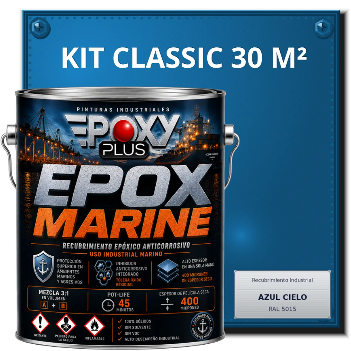 EPOXY - PINTURA EPÓXICA CONVERTIDOR ÓXIDO - GRADO MARINO EPOX MARINE - KIT CLASSIC 30 M² - AZUL CIELO