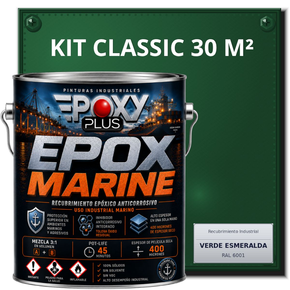 EPOXY - PINTURA EPÓXICA CONVERTIDOR ÓXIDO - GRADO MARINO EPOX MARINE - KIT CLASSIC 30 M² - VERDE ESMERALDA