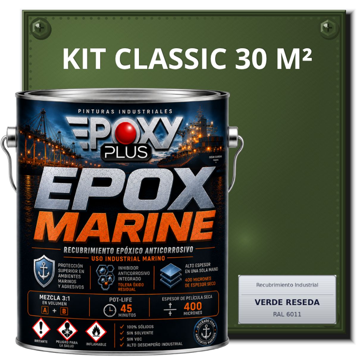 EPOXY - PINTURA EPÓXICA CONVERTIDOR ÓXIDO - GRADO MARINO EPOX MARINE - KIT CLASSIC 30 M² - VERDE RESEDA