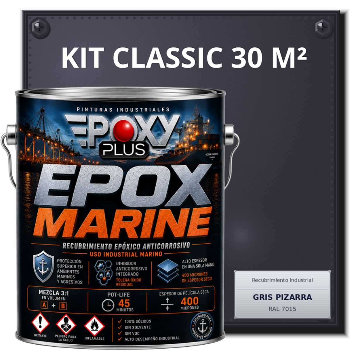 EPOXY - PINTURA EPÓXICA CONVERTIDOR ÓXIDO - GRADO MARINO EPOX MARINE - KIT CLASSIC 30 M² - GRIS PIZARRA