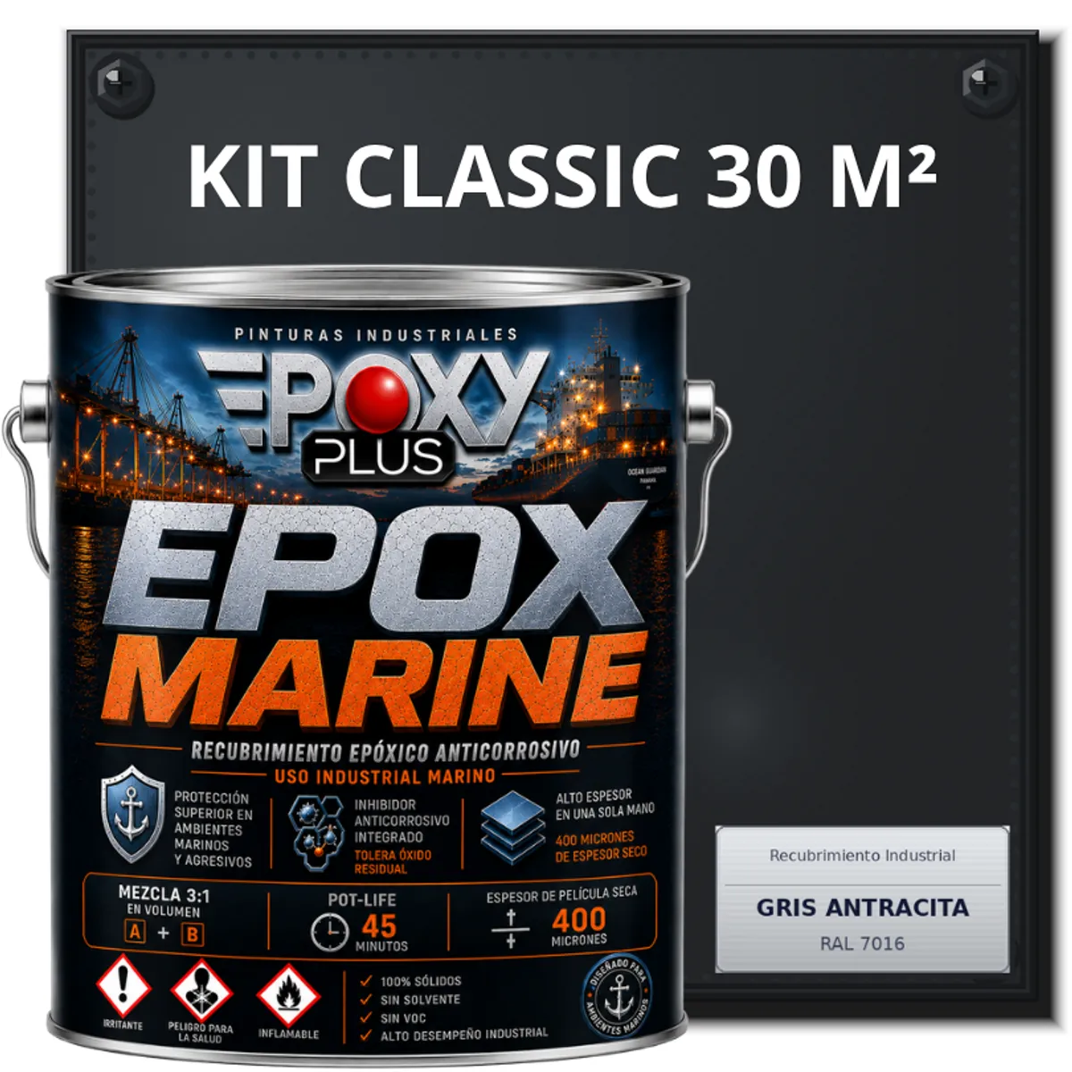 EPOXY - PINTURA EPÓXICA CONVERTIDOR ÓXIDO - GRADO MARINO EPOX MARINE - KIT CLASSIC 30 M² - GRIS ANTRACITA