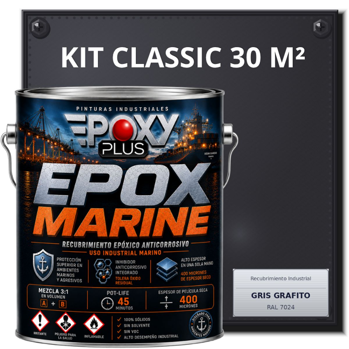 EPOXY - PINTURA EPÓXICA CONVERTIDOR ÓXIDO - GRADO MARINO EPOX MARINE - KIT CLASSIC 30 M² - GRIS GRAFITO