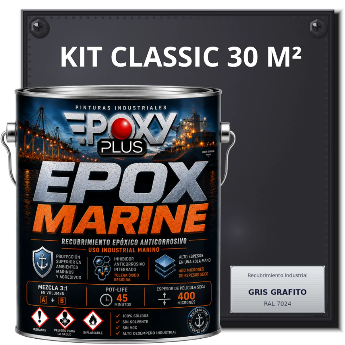 EPOXY - PINTURA EPÓXICA CONVERTIDOR ÓXIDO - GRADO MARINO EPOX MARINE - KIT CLASSIC 30 M² - GRIS GRAFITO