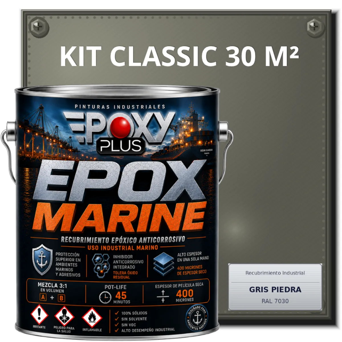 EPOXY - PINTURA EPÓXICA CONVERTIDOR ÓXIDO - GRADO MARINO EPOX MARINE - KIT CLASSIC 30 M² - GRIS PIEDRA
