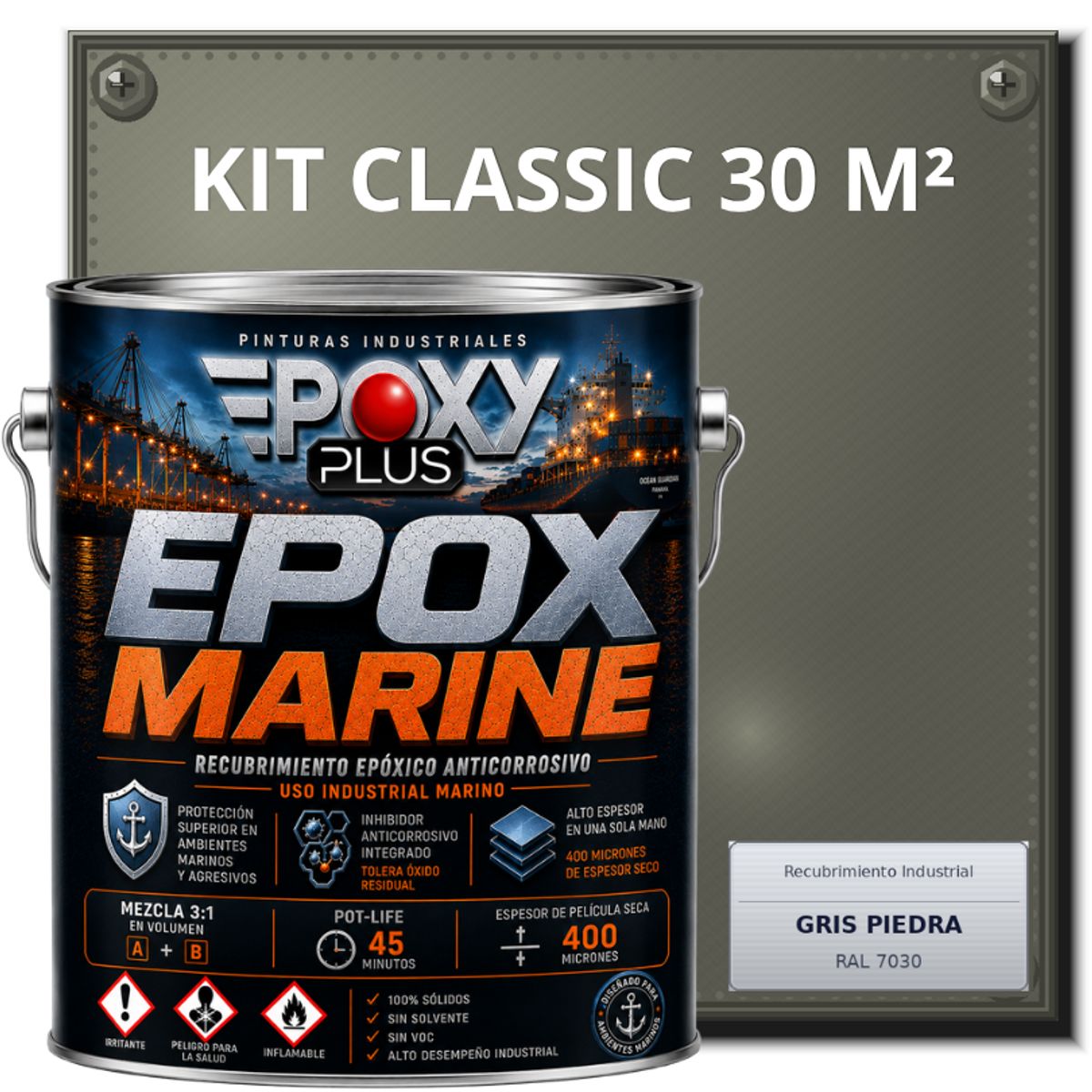 EPOXY - PINTURA EPÓXICA CONVERTIDOR ÓXIDO - GRADO MARINO EPOX MARINE - KIT CLASSIC 30 M² - GRIS PIEDRA