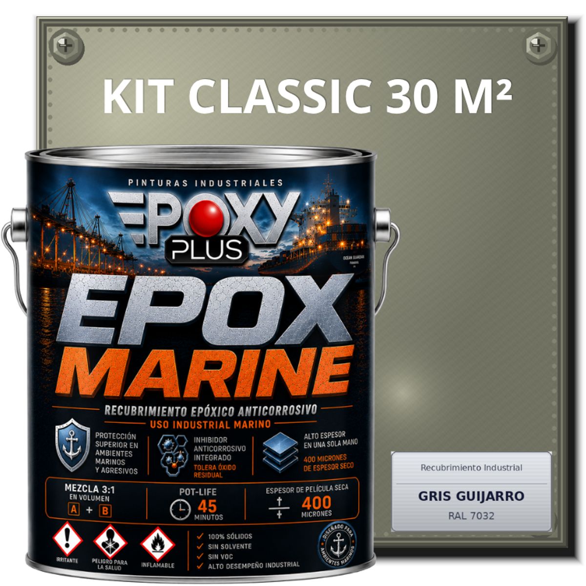 EPOXY - PINTURA EPÓXICA CONVERTIDOR ÓXIDO - GRADO MARINO EPOX MARINE - KIT CLASSIC 30 M² - GRIS GUIJARRO