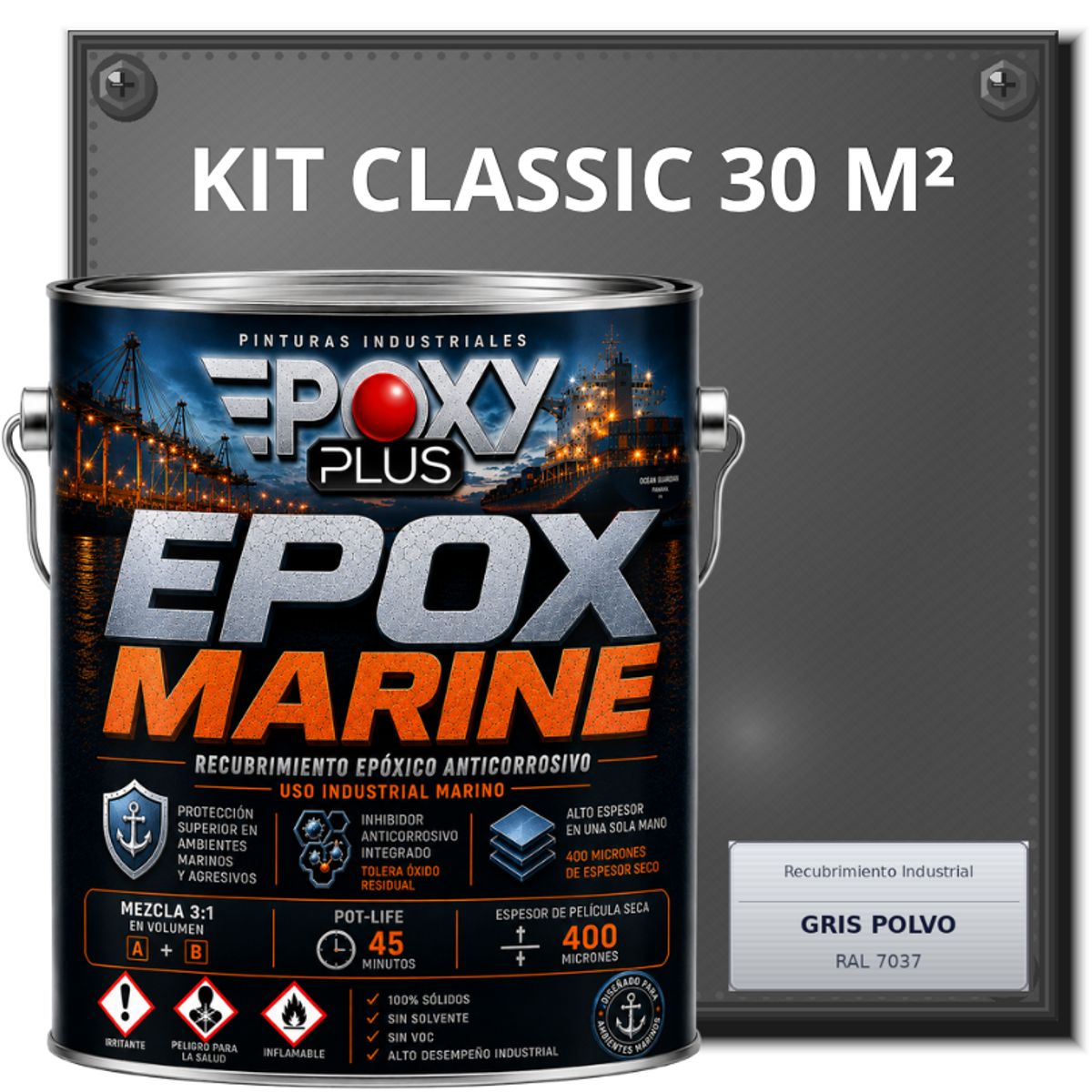 EPOXY - PINTURA EPÓXICA CONVERTIDOR ÓXIDO - GRADO MARINO EPOX MARINE - KIT CLASSIC 30 M² - GRIS POLVO
