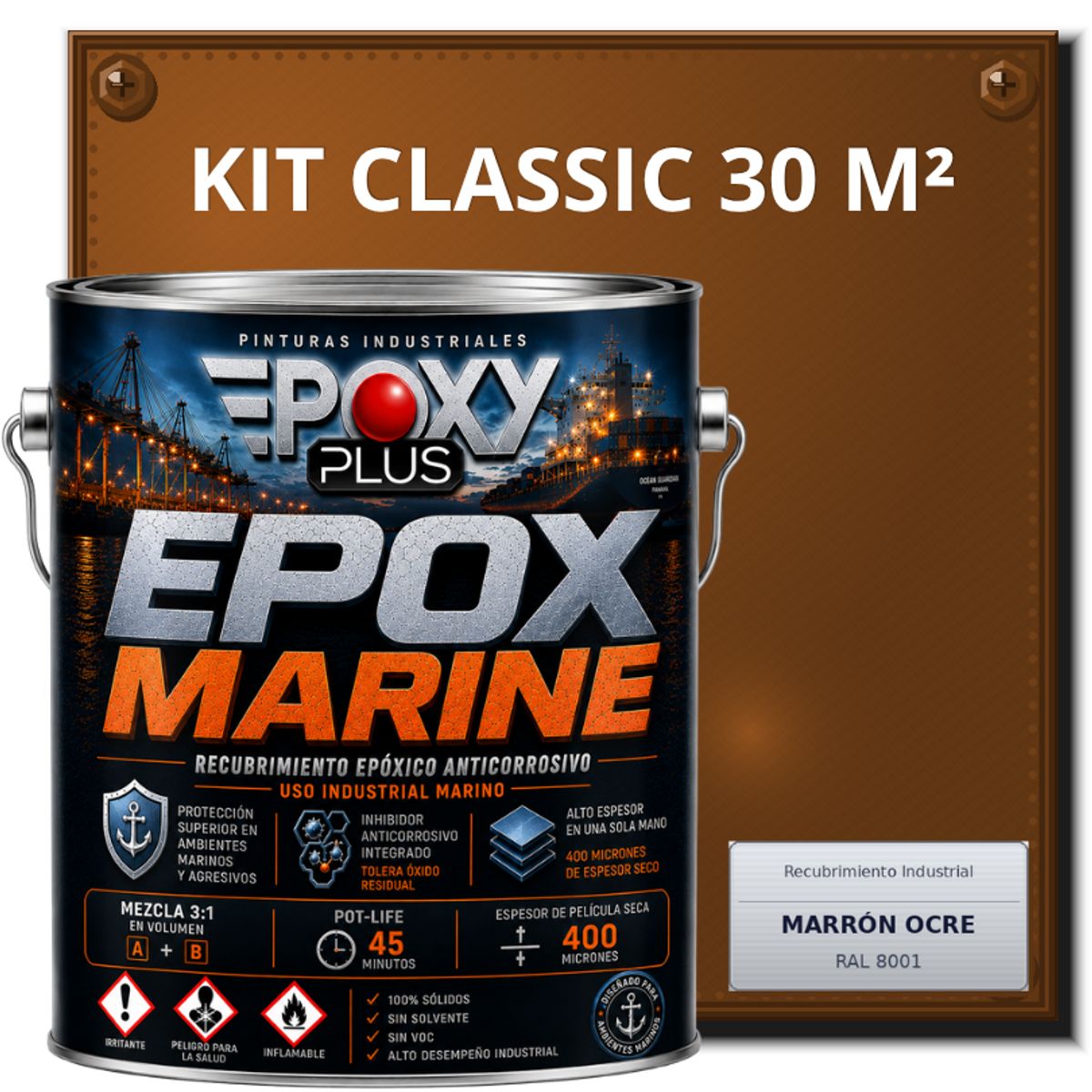 EPOXY - PINTURA EPÓXICA CONVERTIDOR ÓXIDO - GRADO MARINO EPOX MARINE - KIT CLASSIC 30 M² - MARRÓN OCRE