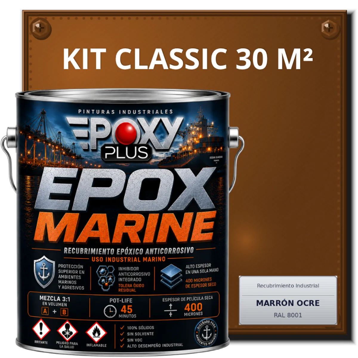 EPOXY - PINTURA EPÓXICA CONVERTIDOR ÓXIDO - GRADO MARINO EPOX MARINE - KIT CLASSIC 30 M² - MARRÓN OCRE
