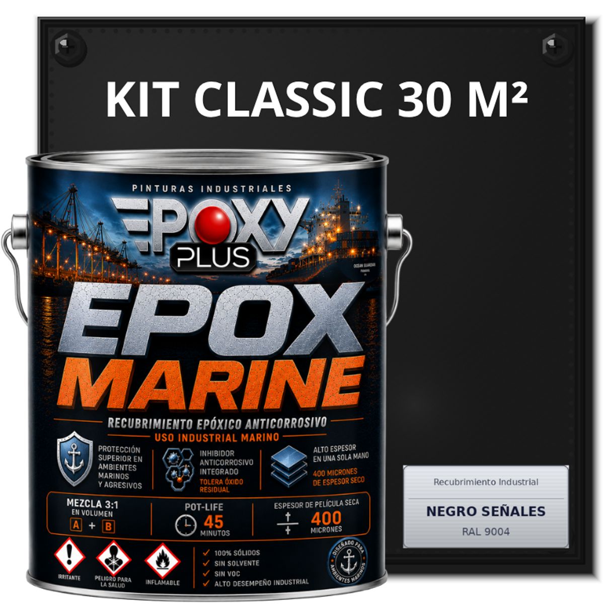 EPOXY - PINTURA EPÓXICA CONVERTIDOR ÓXIDO - GRADO MARINO EPOX MARINE - KIT CLASSIC 30 M² - NEGRO SEÑALES