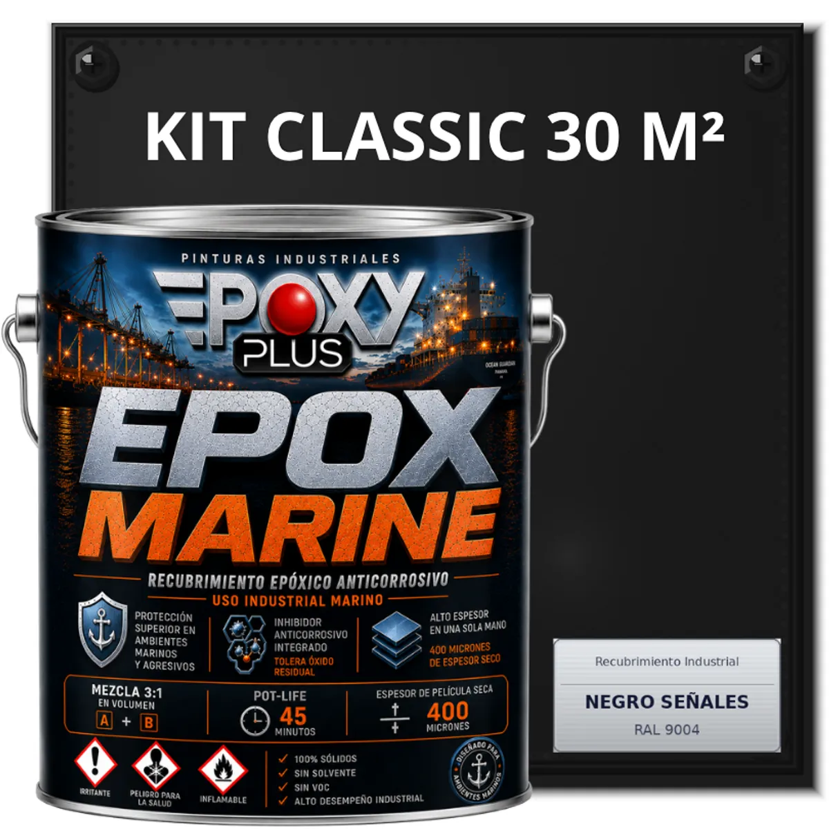 EPOXY - PINTURA EPÓXICA CONVERTIDOR ÓXIDO - GRADO MARINO EPOX MARINE - KIT CLASSIC 30 M² - NEGRO SEÑALES